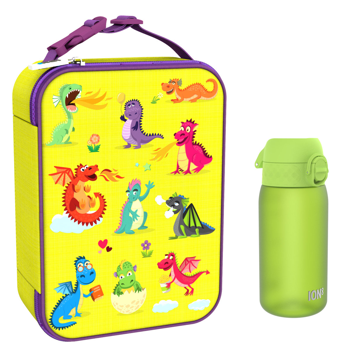 Zestaw Śniadaniowy Do Przedszkola Ion8 Dragons 21: Lunchbag I8Lbydrag I Butelka Ion8 I8Rf350Gre