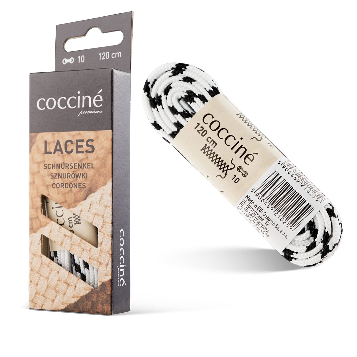 COCCINE SZNURÓWKI DO BUTÓW PŁASKIE 7 mm LACES BIAŁO-CZARNE 120 cm