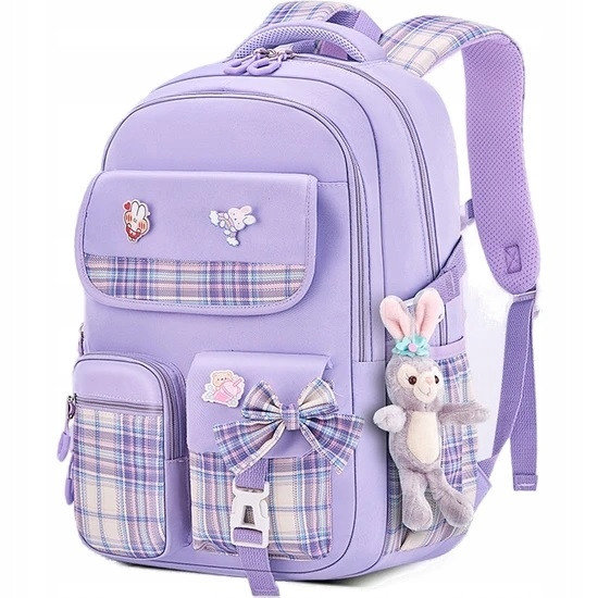Plecak szkolny dla chłopca i dziewczynki fioletowy kratka