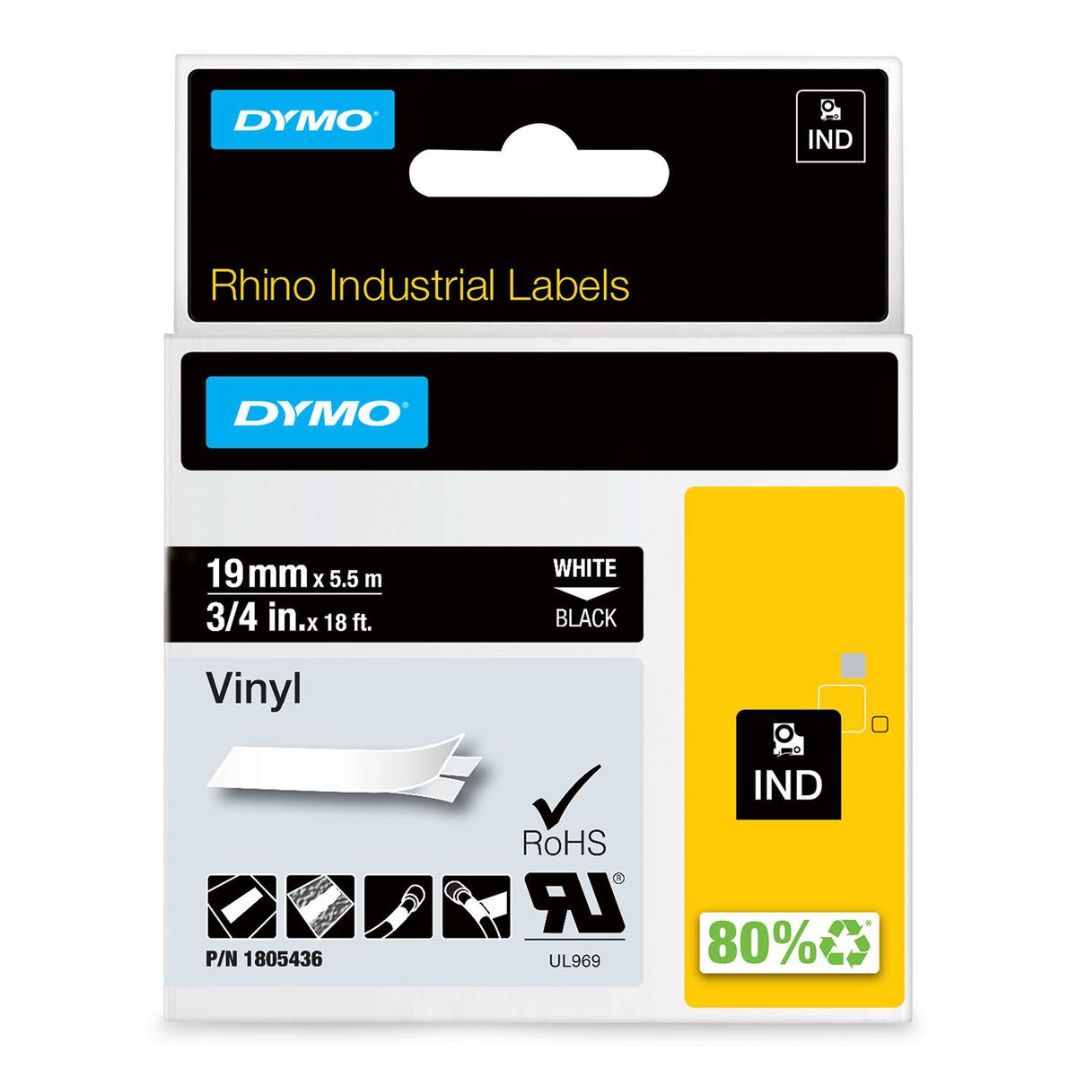 Dymo Rhino 1805436, 19mm x 5,5m, biały druk / biały podkład, taśma oryginalna