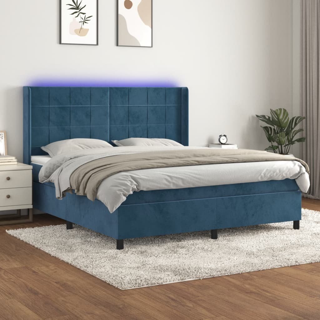 Vidaxl Łóżko Kontynentalne, Materac I Led, Niebieski Aksamit 180X200Cm