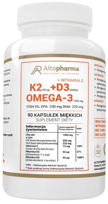 AltoPharma, Witamina K2 MK-7 50µg + D3 2000IU + Omega, 90 kapsułek miękkich