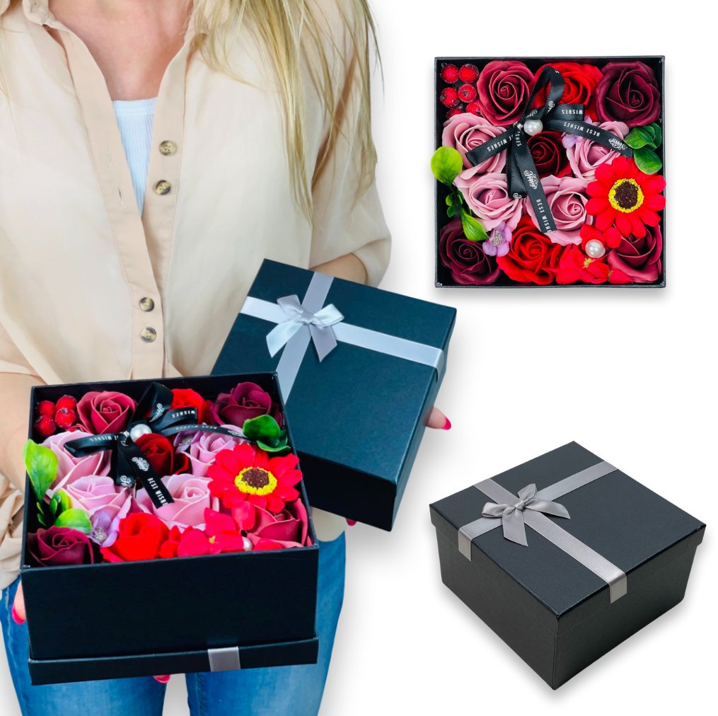 FLOWERBOX Z KWIATAMI MYDLANYMI KWIATY MYDLANE W PUDEŁKU MYDLANE RÓŻE HORTENSJE MARGARETKI PREZENT CZERWONY