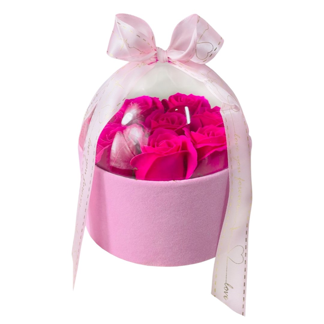 FLOWERBOX RÓŻOWY Z RÓŻAMI MYDLANYMI, KWIATY MYDLANE W PUDEŁKU WELUROWYM Z PRZEZROCZYSTYM WIECZKIEM WYKOŃCZONYM KOKARDĄ 13,5 CM