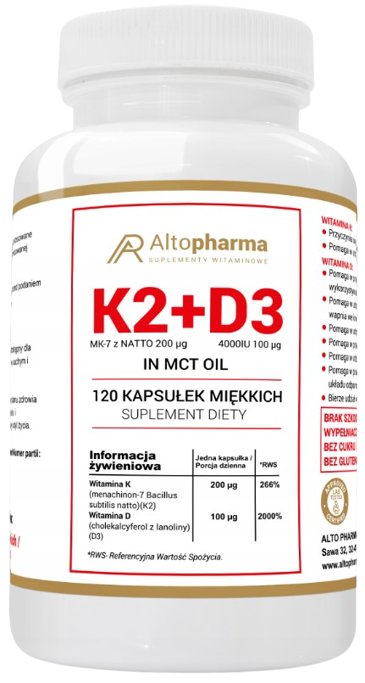 Altopharma Witamina K2 MK-7 z Natto 200 g + D3 4000 IU 100 g + Olej MCT 120 kapsułek miękkich 1146133