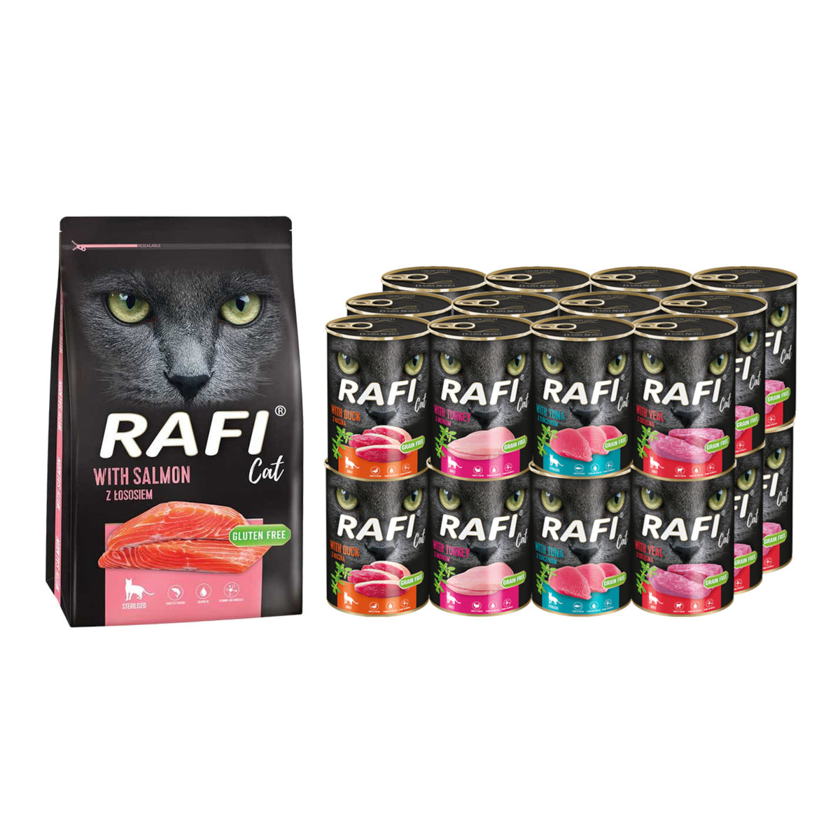 Karma dla kota RAFI Mokra MIX smaków 24x 400 g + Sucha z łososiem 1,5 kg