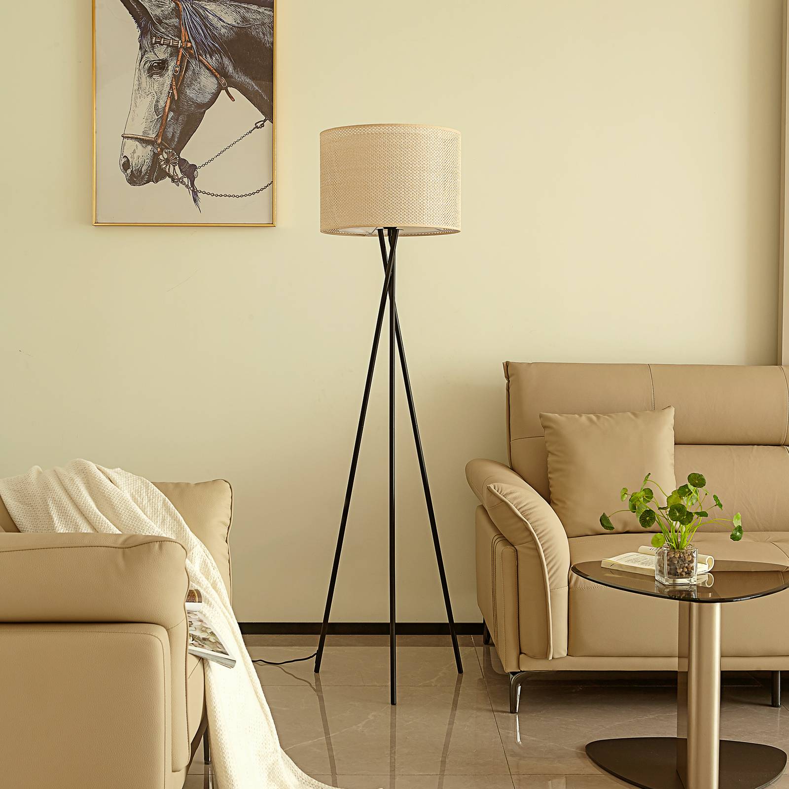 Lampa stojąca Lindby Soula, Ø 40 cm, beżowy, tworzywo sztuczne, E27