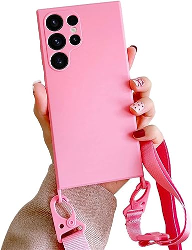 Etui na telefon komórkowy Samsung Galaxy S22 Ultra z nylonowym paskiem, miękkie, silikonowe etui na telefon komórkowy z modnym wiszącym sznurkiem (różowe)