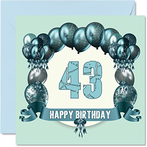 Zabawne kartki urodzinowe dla mężczyzn - balony urodzinowe - kartka urodzinowa dla taty wujka babci siostry cioci brata niani mamy dziadka, 145 mm x 145 mm kartki z życzeniami, kartka na 43. urodziny