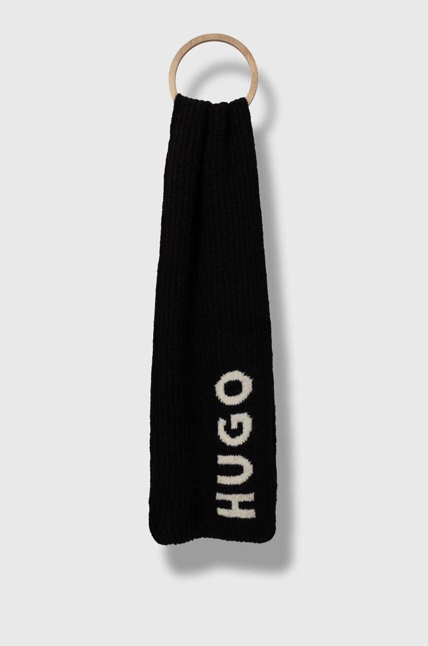 HUGO szalik wełniany kolor czarny gładki - Hugo