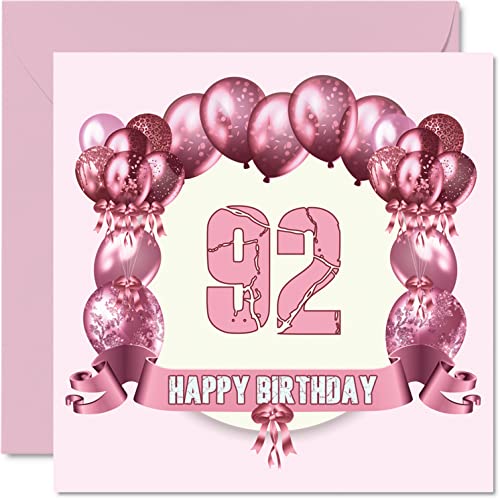 Zabawne kartki urodzinowe na 92. urodziny dla kobiety - balony urodzinowe - kartka z życzeniami dla pradziadka dziadka niani babci babci taty mamy, 145 mm x 145 mm kartki z życzeniami, kartka na 92.