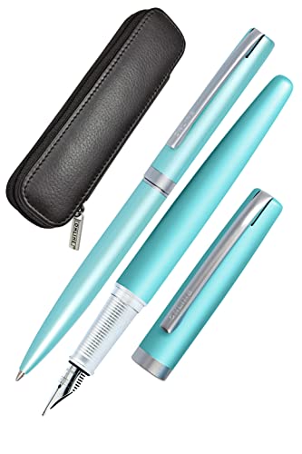 Online Zestaw do pisania Eleganza I zawiera długopis, pióro, etui z prawdziwej skóry, kolor satynowy turkusowy, 3-częściowy, w wysokiej jakości pudełku prezentowym, pióro wieczne do standardowych