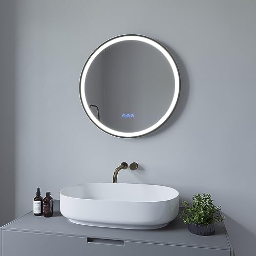 AQUABATOS® Lustro łazienkowe z oświetleniem, okrągłe, 60 cm, czarna rama, lustro ścienne LED, lustro ścienne, odporne na zaparowanie, 3 kolory światła, możliwość ściemniania, przełącznik dotykowy do