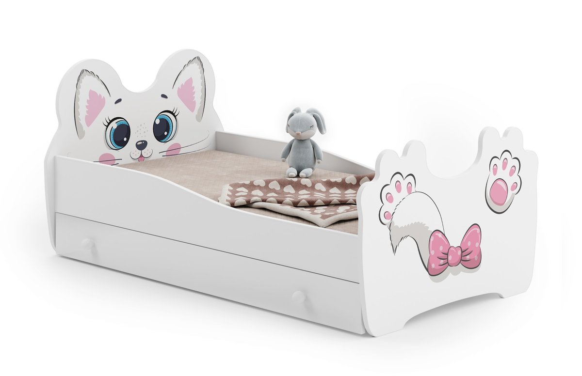 Łóżko dziecięce Kotek zwierzaki dla dzieci z szufladą, 140x70