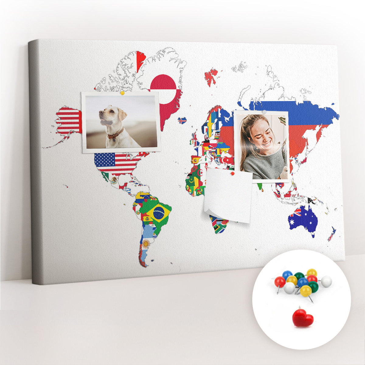 Szkolna Tablica korkowa 60x40 cm, Kolorowe Pinezki, wzór Mapa flag narodowych