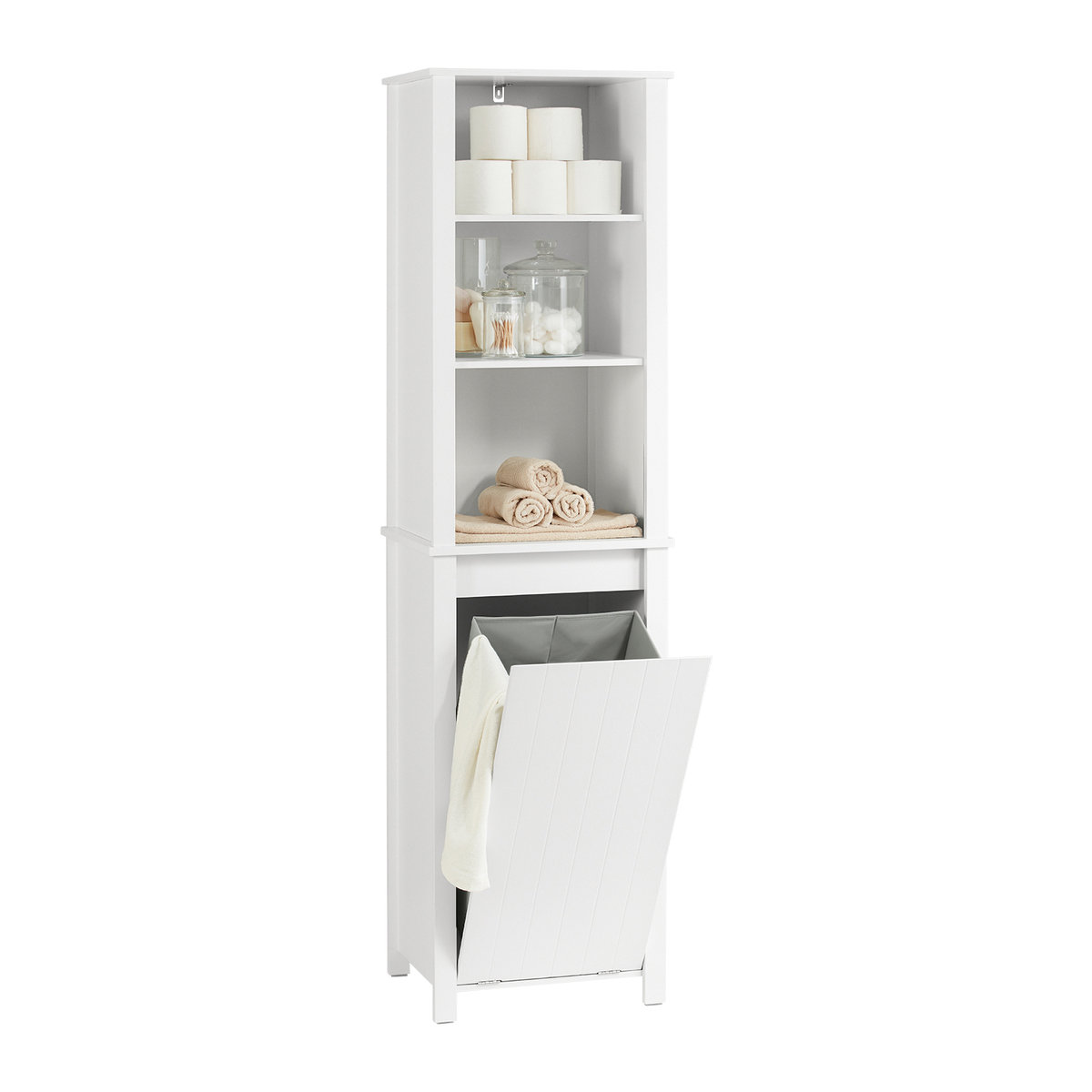 SoBuy BZR102-W Stojąca Wysoka Słupek Łazienkowy Szafka łazienkowa Półka Loftowa Komoda kosz na pranie 2 W 1 Biały 45x35x171cm