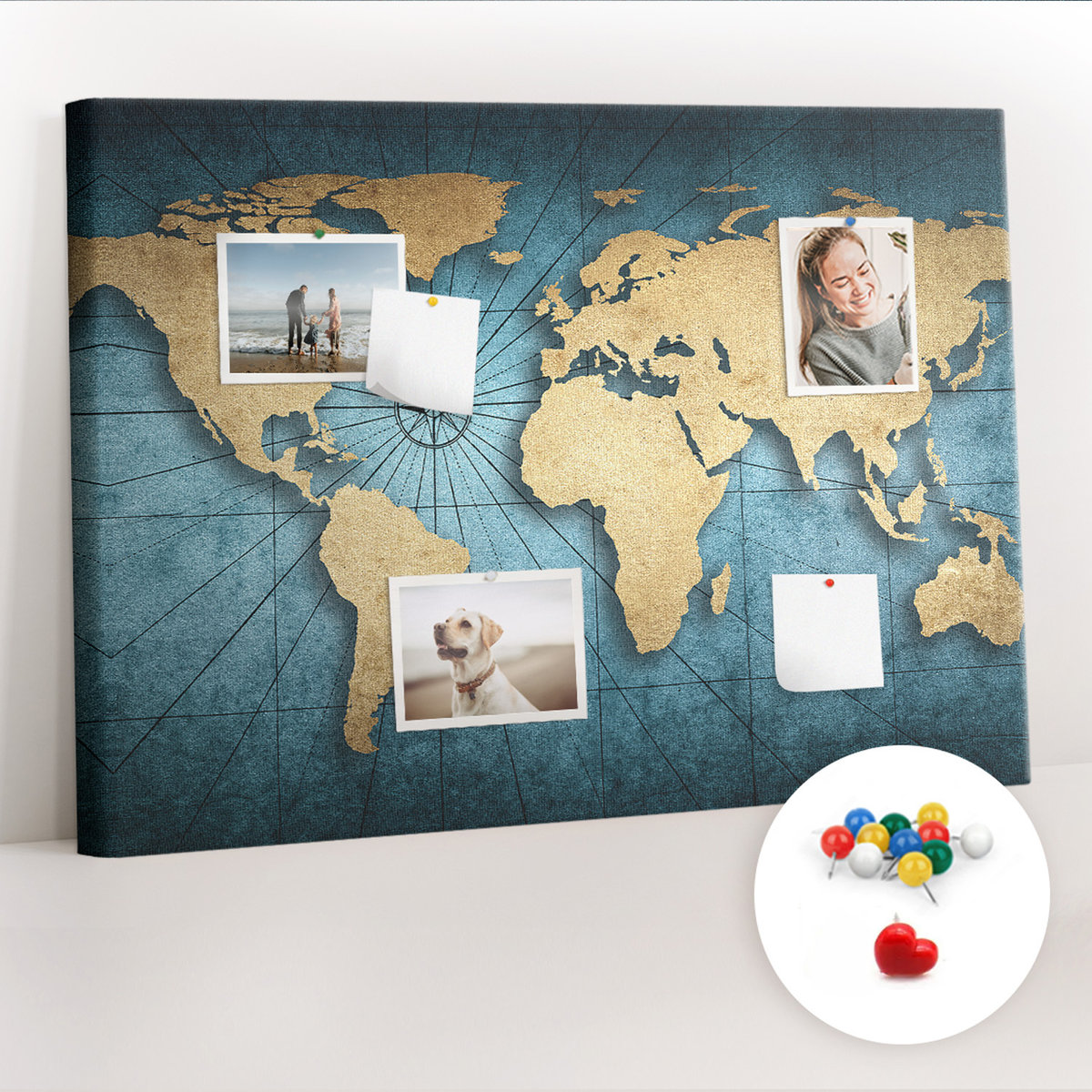 Organizer, Tablica korkowa 100x70 cm + Kolorowe Pinezki - Mapa świata 3D