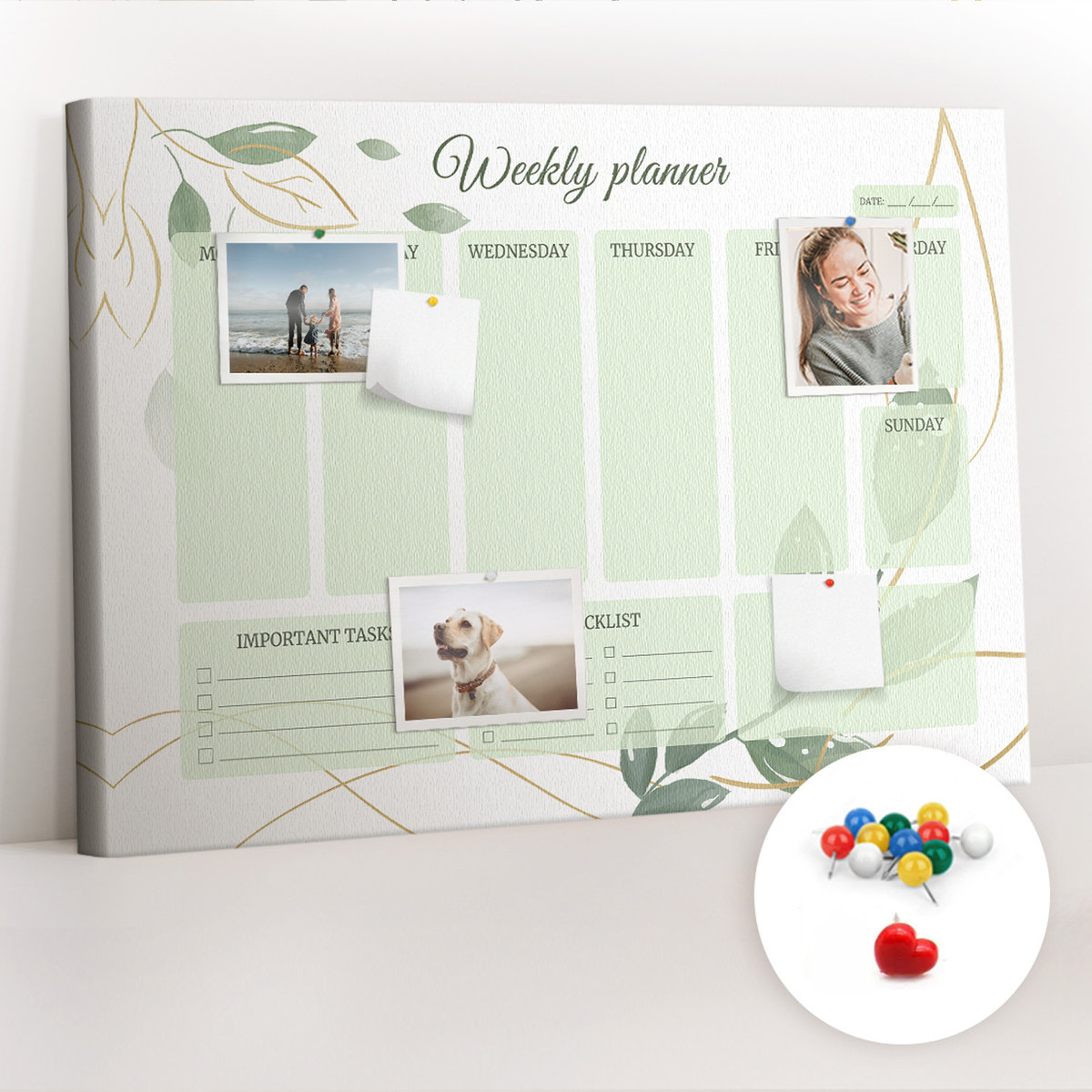 Organizer, Tablica korkowa 100x70 cm + Kolorowe Pinezki - Liściowy planer tygodniowy