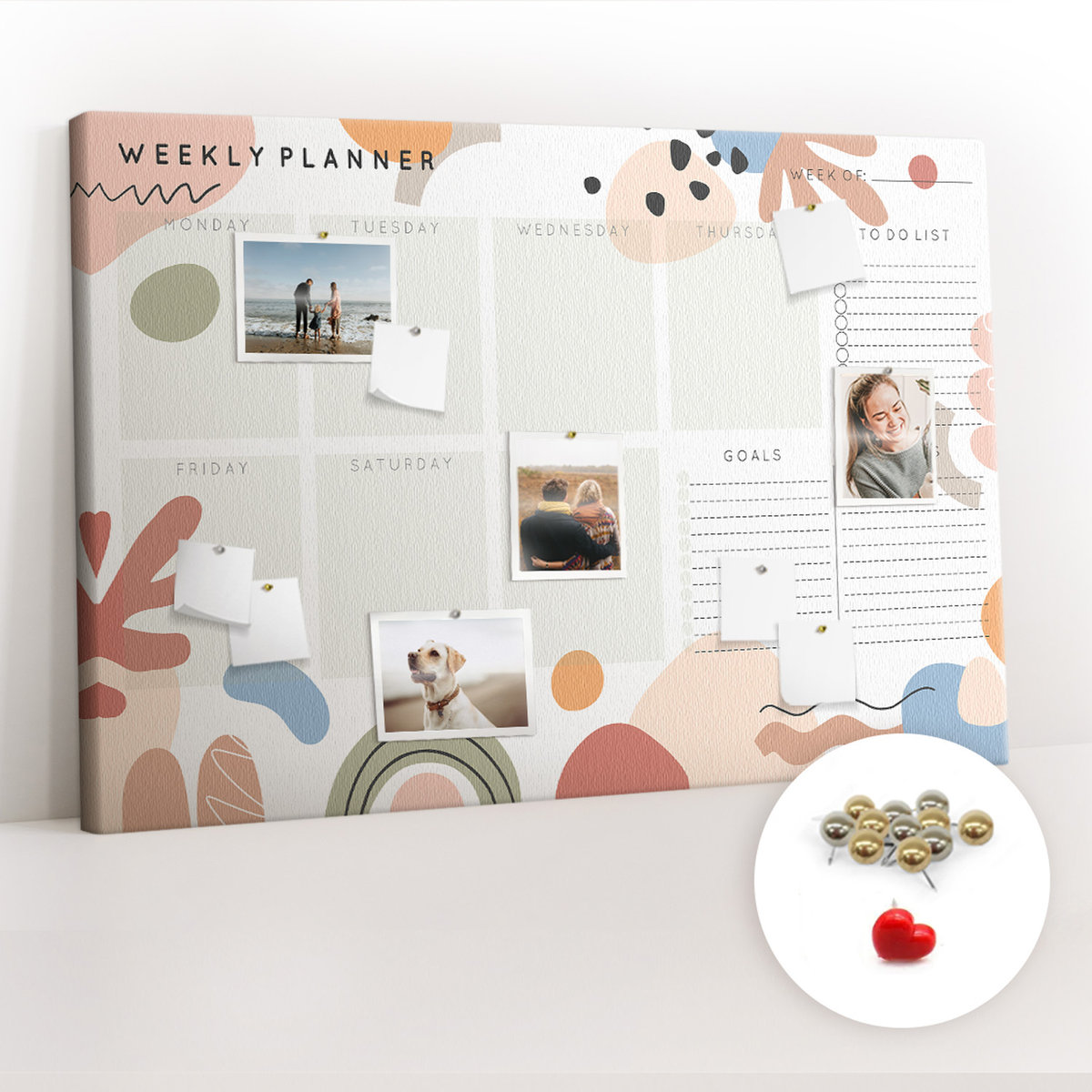 Organizer na ścianę XXL, Tablica Korkowa 120x80 cm - Planer na cały tydzień + Pinezki