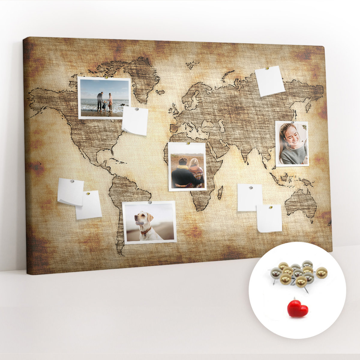 Organizer na ścianę XXL, Tablica Korkowa 120x80 cm - Stara mapa świata + Pinezki