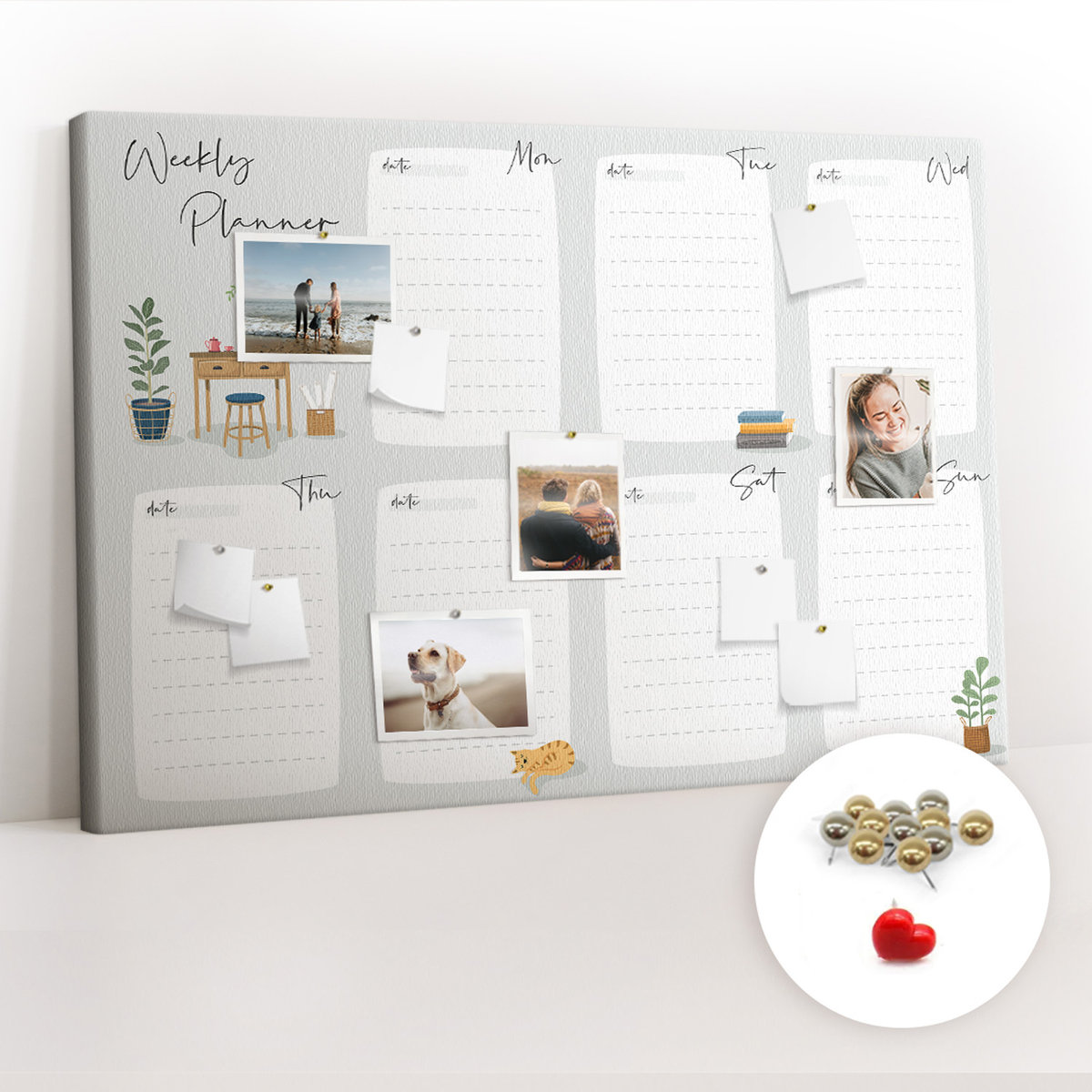 Organizer na ścianę XXL, Tablica Korkowa 120x80 cm - Przytulny planer na tydzień + Pinezki