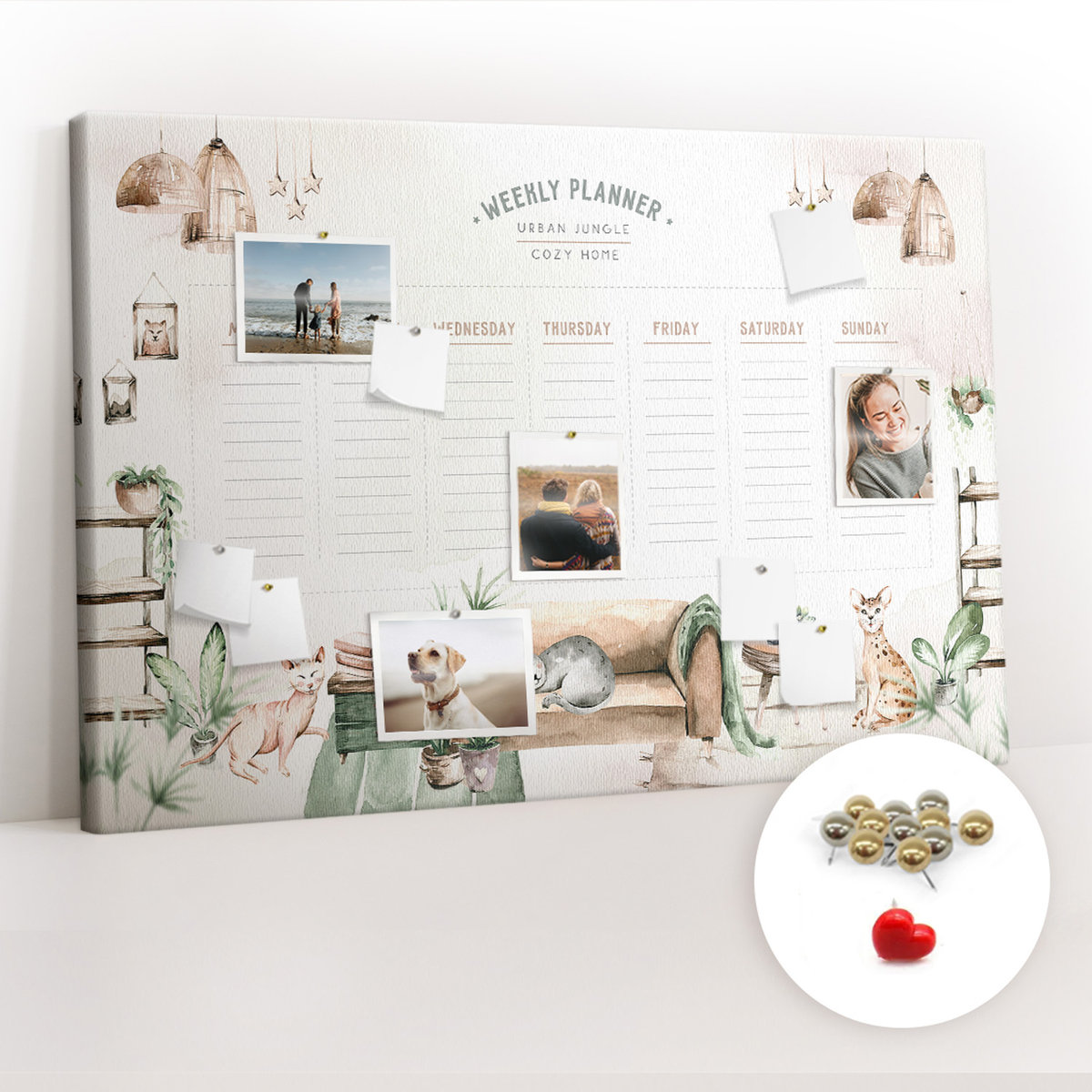 Organizer na ścianę XXL, Tablica Korkowa 120x80 cm - Planer przytulny dom + Pinezki