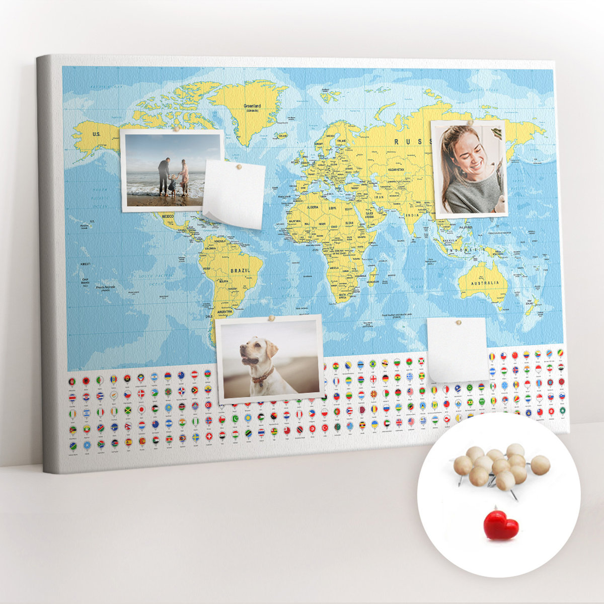 Planer na ścianę, Tablica korkowa 100x70 cm, Drewniane Pinezki, wzór Mapa świata i flagi