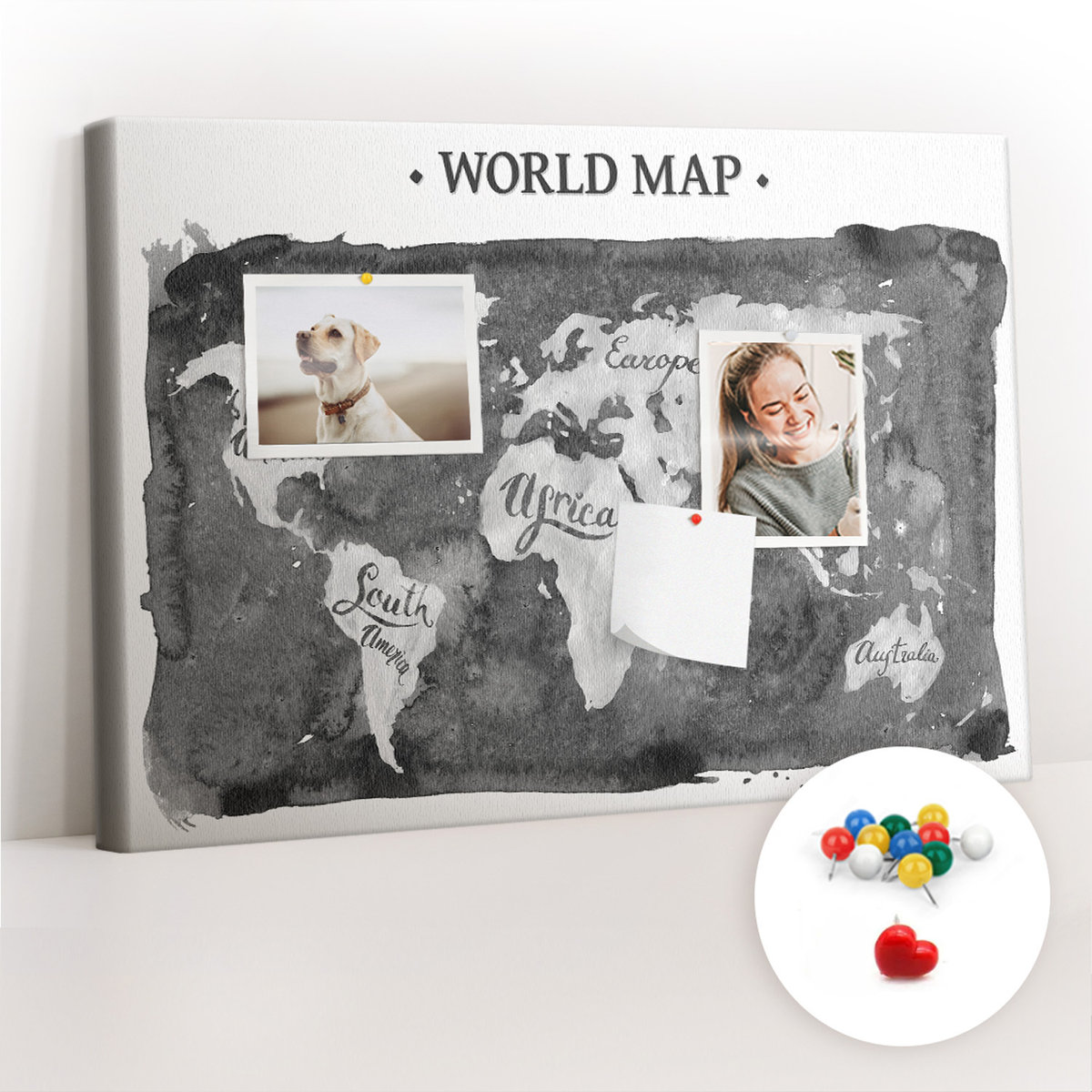Szkolna Tablica korkowa 60x40 cm, Kolorowe Pinezki, wzór Retro mapa świata