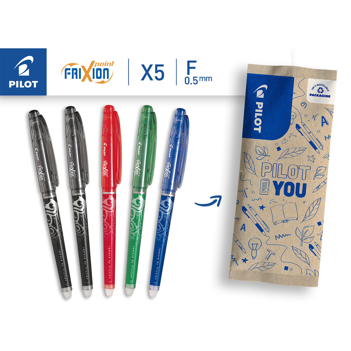 Zestaw wymazywalnych długopisów 5x PILOT Frixion Point mix kolorów czarny niebieski zielony czerwony