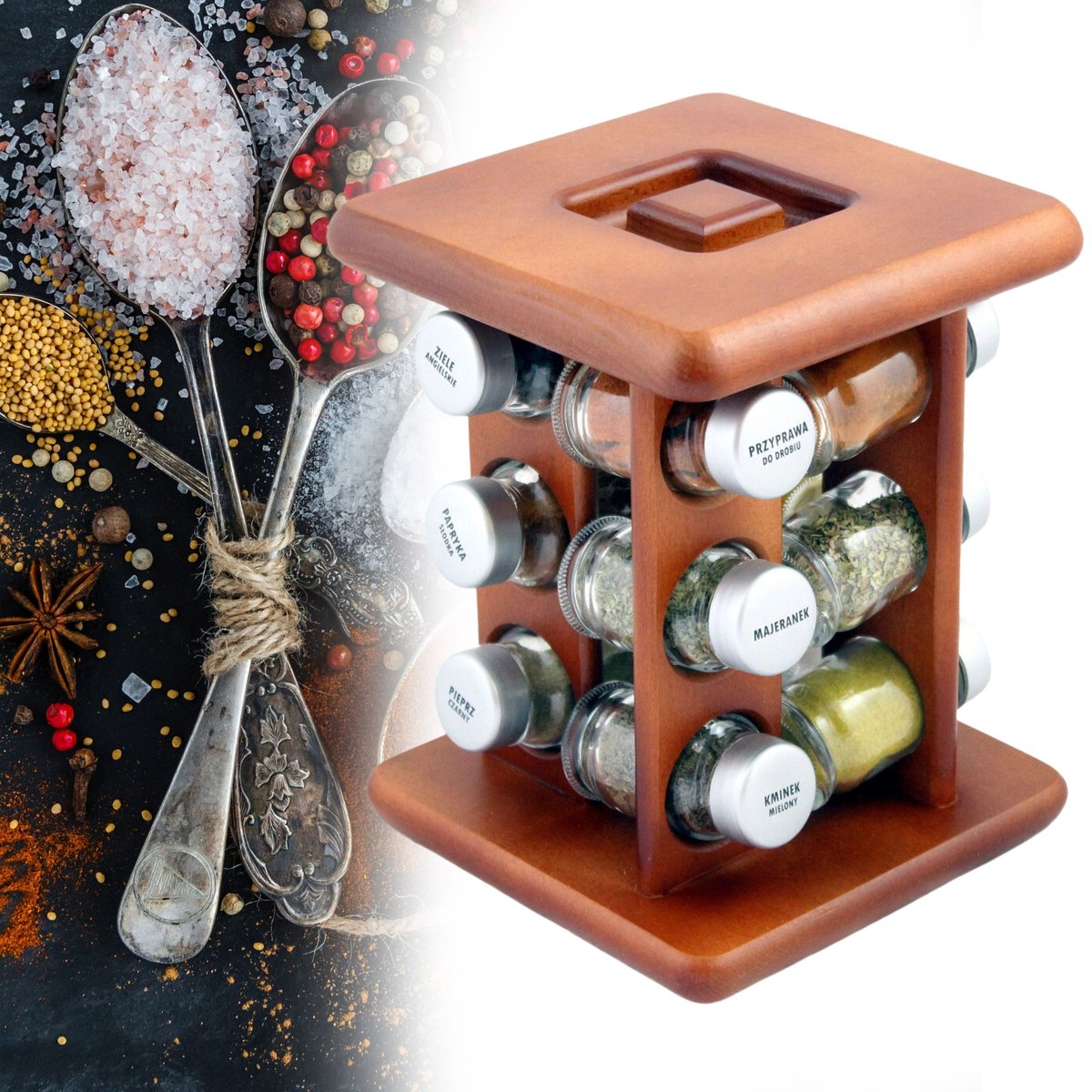 PÓŁKA NA PRZYPRAWY STOJAK OBROTOWY PRZYPRAWNIK 12 SŁOIKÓW + PRZYPRAWY SREBRO MAHOŃ