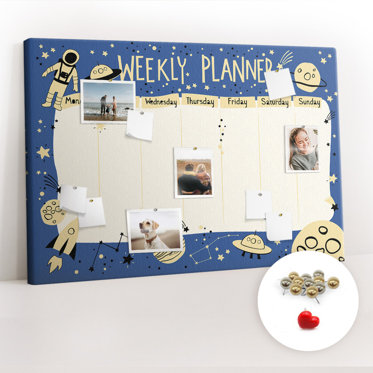 Organizer na ścianę XXL, Tablica Korkowa 120x80 cm - Kosmiczny tygodniowy planer + Pinezki