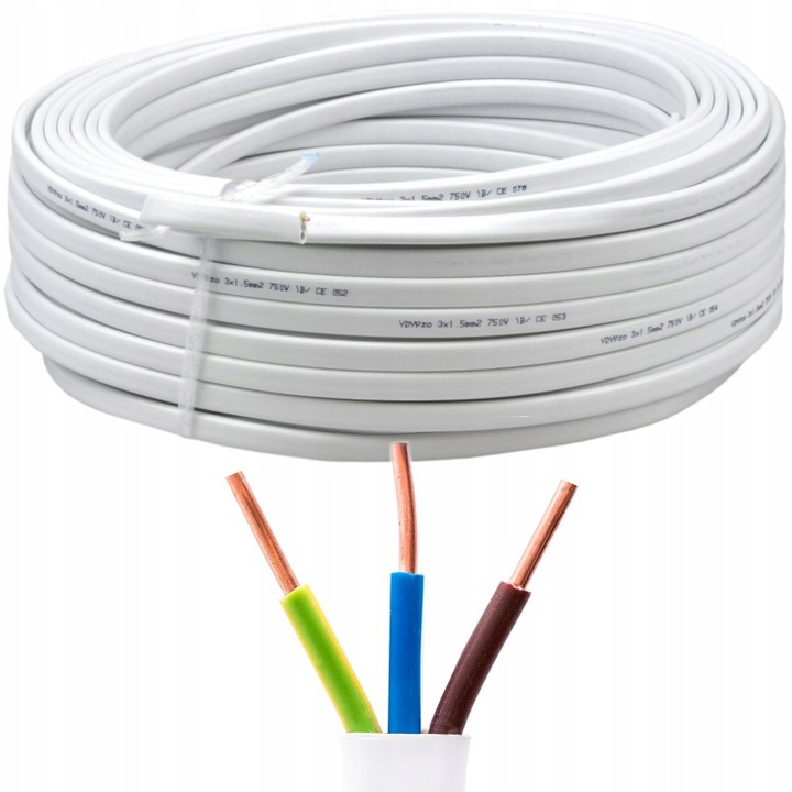 Elektrokabel Przewód YDYp 3x1,5 żo 450/750V /50m/ T0031 YDY P 3 X 1,5