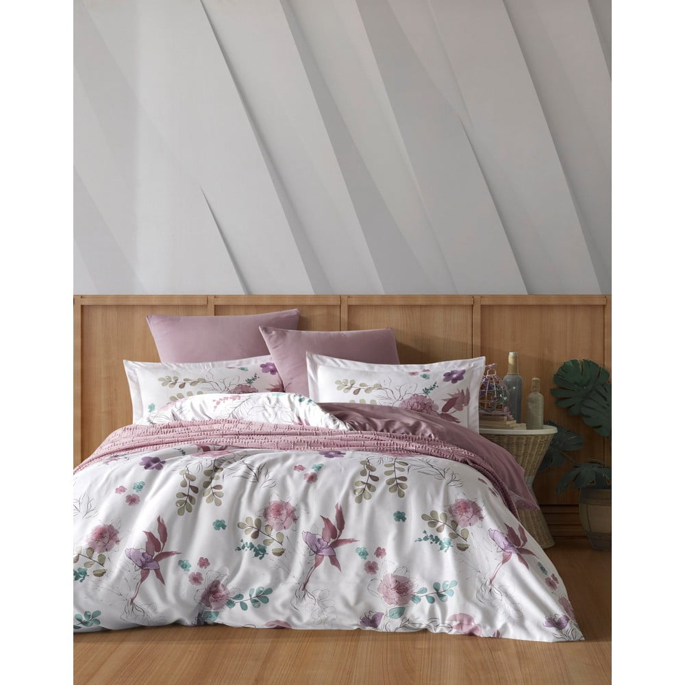 Biało-różowa bawełniana pościel jednoosobowa 140x200 cm Larin – Mijolnir
