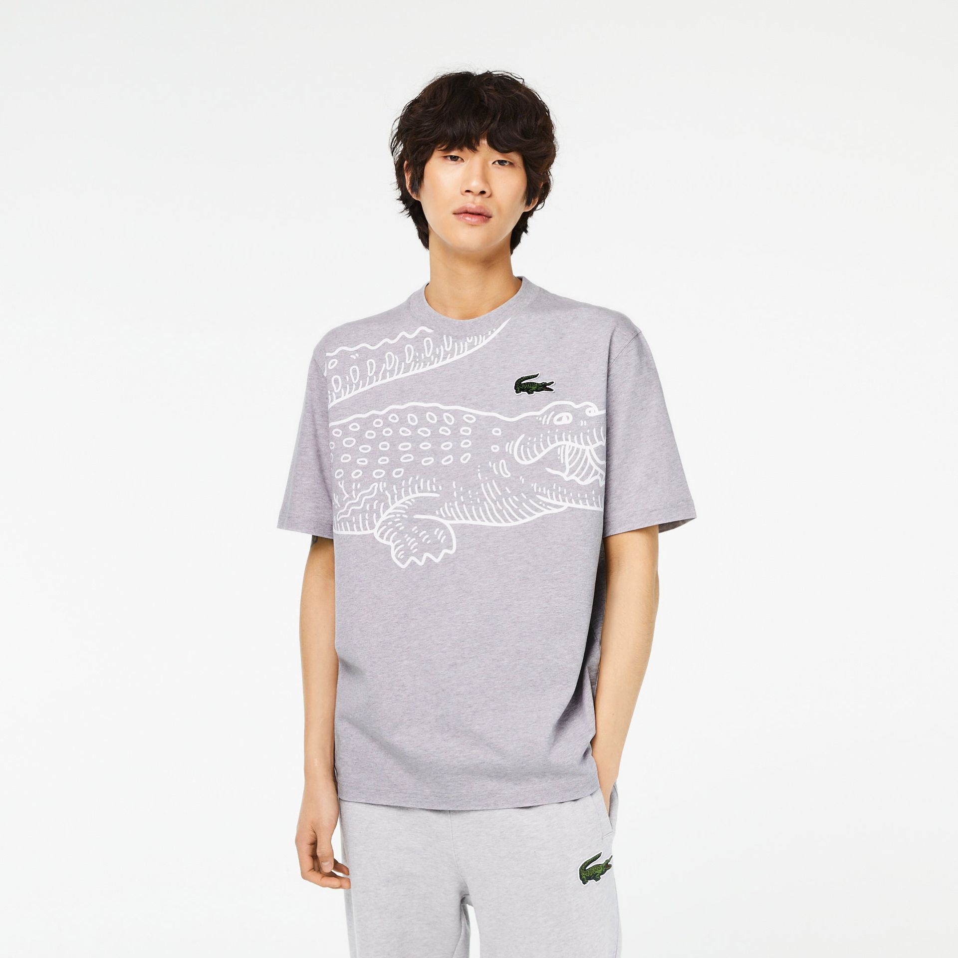 Lacoste męski T-shirt z nadrukiem z logo krokodyla i okrągłym dekoltem Loose Fit