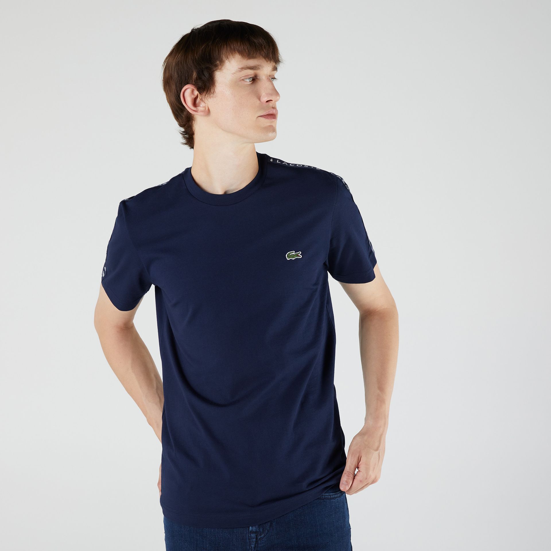 Lacoste T-shirt męski z bawełny, z okrągłym dekoltem, z nadrukiem i w paski