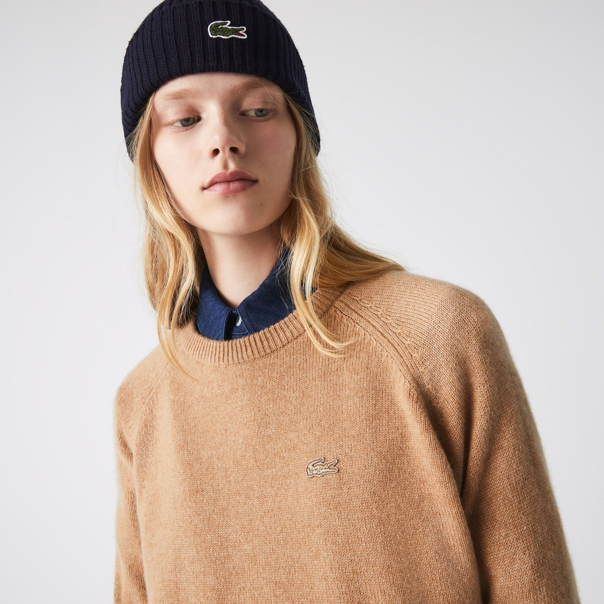 Lacoste damski sweter wełniany z okrągłym dekoltem