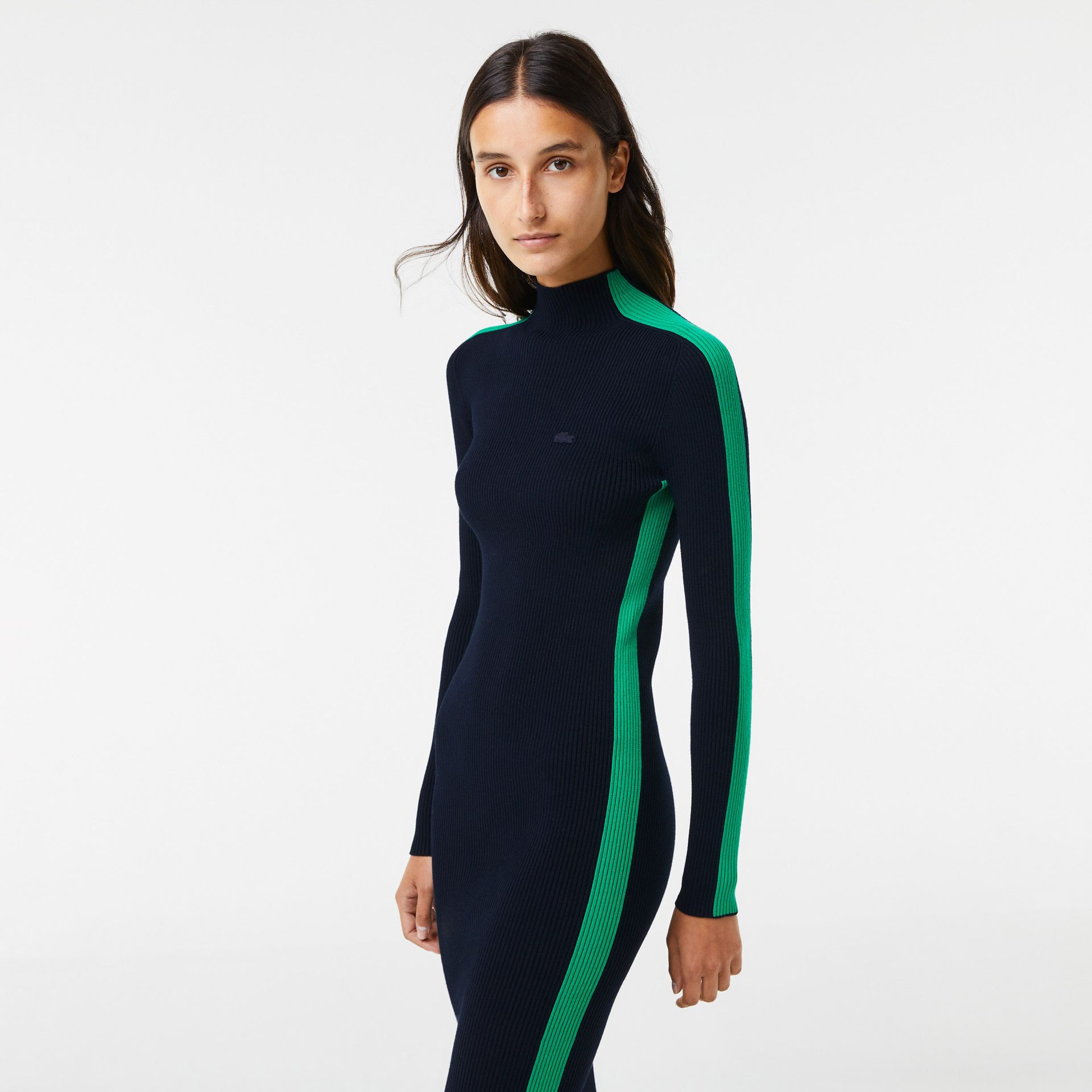 Lacoste damska bezszwowa sukienka dzianinowa z lampasami w kontrastowym kolorze