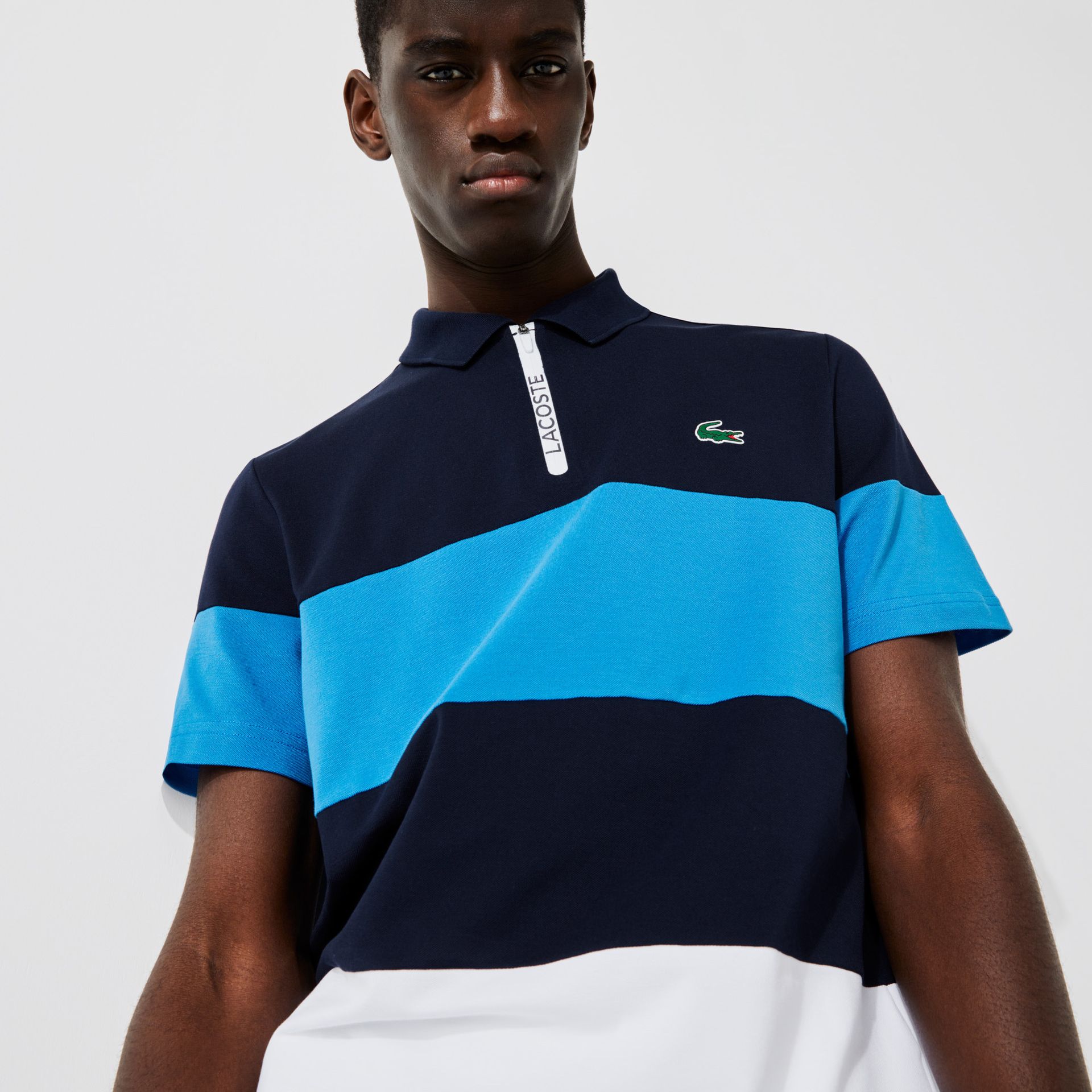 Lacoste SPORT Męska koszulka polo w paski z zamkiem błyskawicznym pod szyją z elastycznej piki do gry w golfa