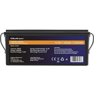Qoltec Akumulator LiFePO4 Litowo-Żelazowo-Fosforanowy | 12.8V | 200Ah | 2560Wh | BMS