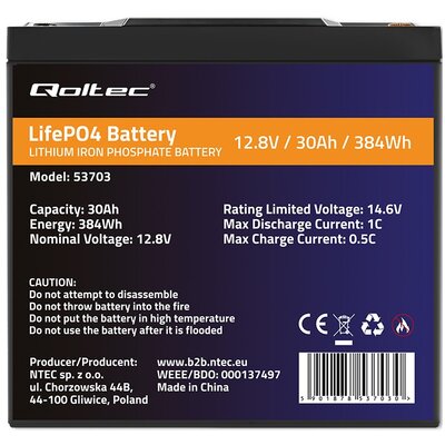 Qoltec Akumulator LiFePO4 Litowo-Żelazowo-Fosforanowy | 12.8V | 30Ah | 384Wh | BMS