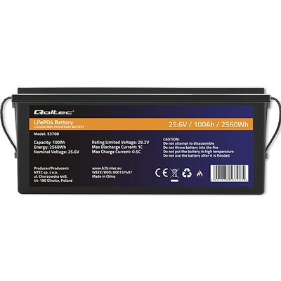 Qoltec Akumulator LiFePO4 Litowo-Żelazowo-Fosforanowy | 25.6V | 100Ah | 2560Wh | BMS