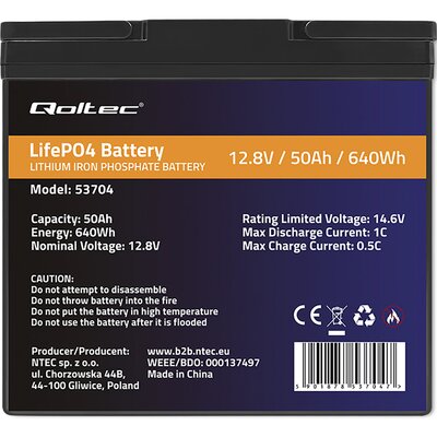 Qoltec Akumulator LiFePO4 Litowo-Żelazowo-Fosforanowy | 12.8V | 50Ah | 640Wh| BMS