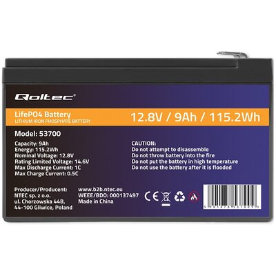 Qoltec Akumulator LiFePO4 Litowo-Żelazowo-Fosforanowy | 12.8V | 9Ah | 115.2Wh | BMS