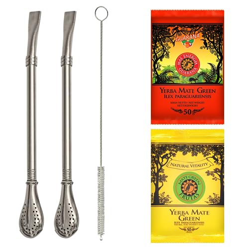 Yerba Mate herbata z zestawem Bombilla | słomki ze stali nierdzewnej do herbaty Mate (x2) 19 cm | filtracja do Mate z dużą ilością kurzu | łatwa do czyszczenia