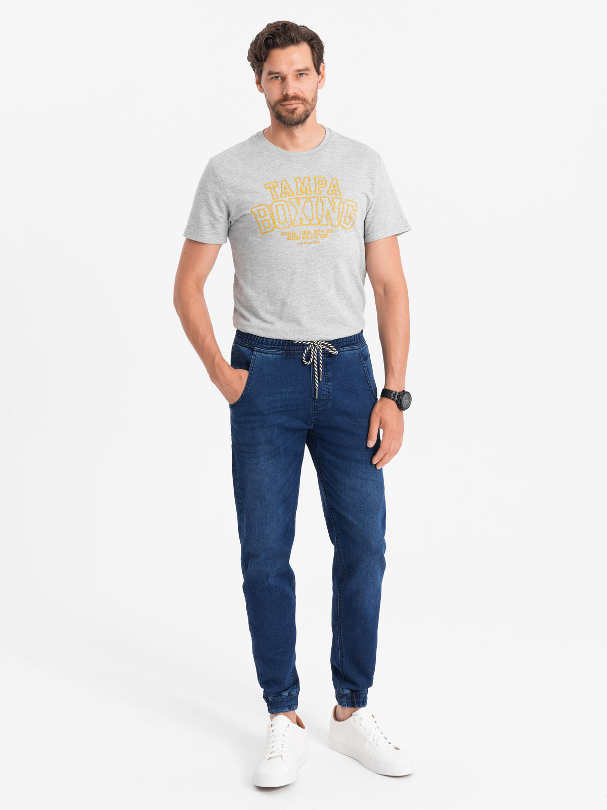 Spodnie męskie jeansowe joggery - niebieskie OM-PADJ-0106