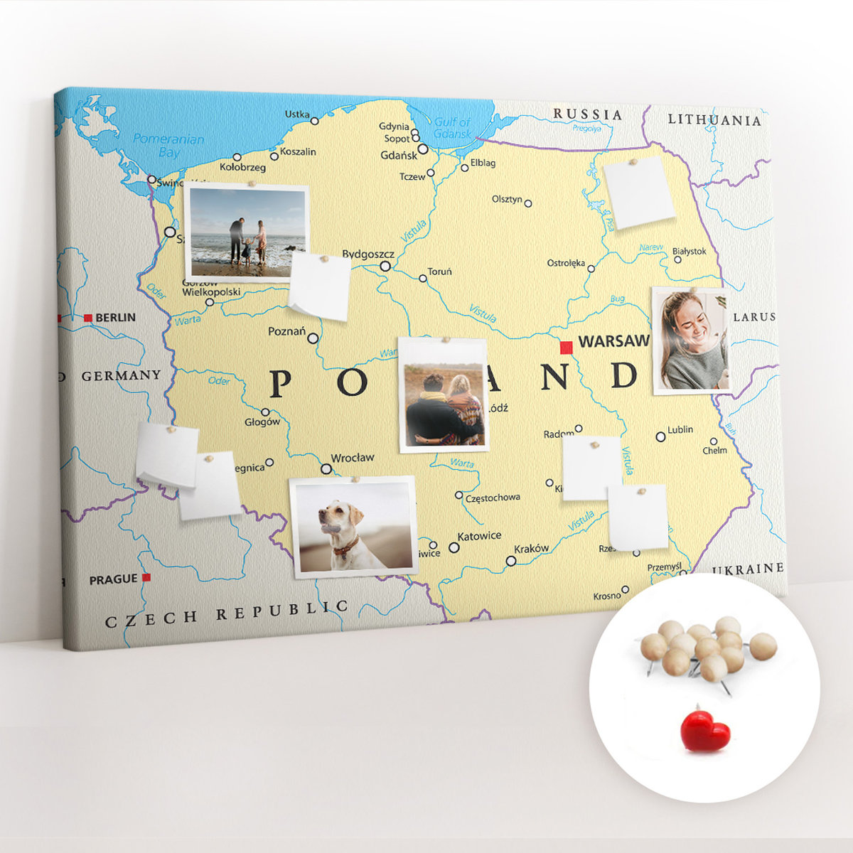Korkowa Tablica XXL - Planer na Ścianę 120x80 cm - Polityczna mapa Polski + Drewniane Pinezki