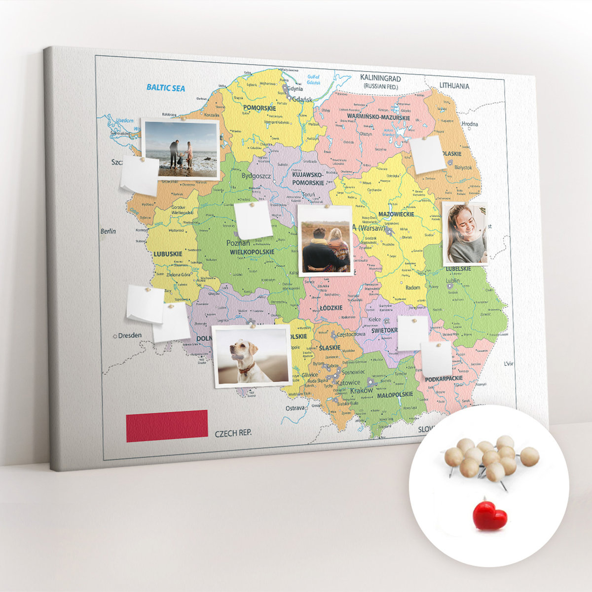Wielka Tablica Korkowa 100x140 cm z grafiką - Mapa Polski + Drewniane Pinezki