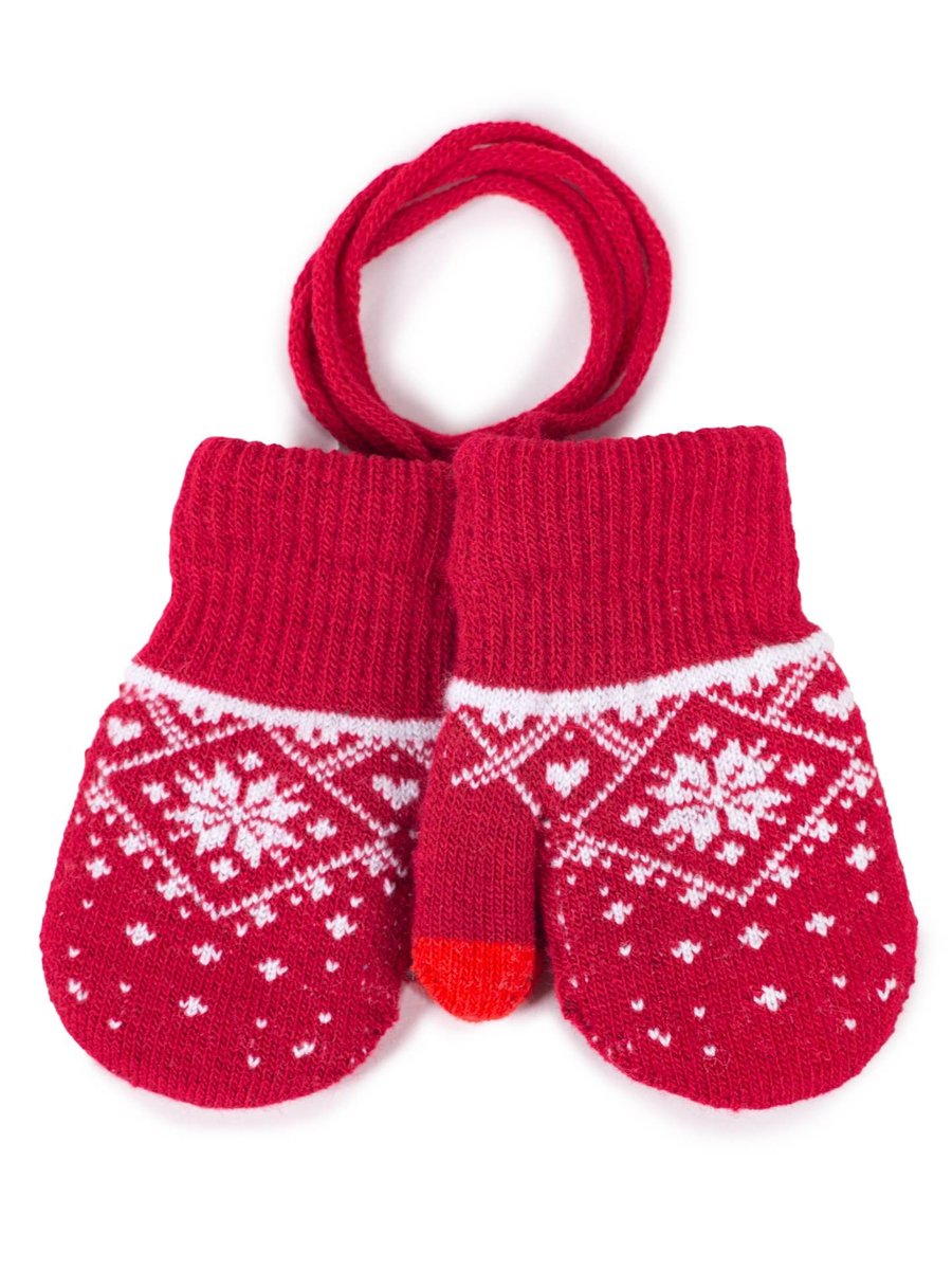 Rękawiczki dziewczęce jednopalczaste ze sznurkiem wzór norweski czerwone dotykowe 14 cm
