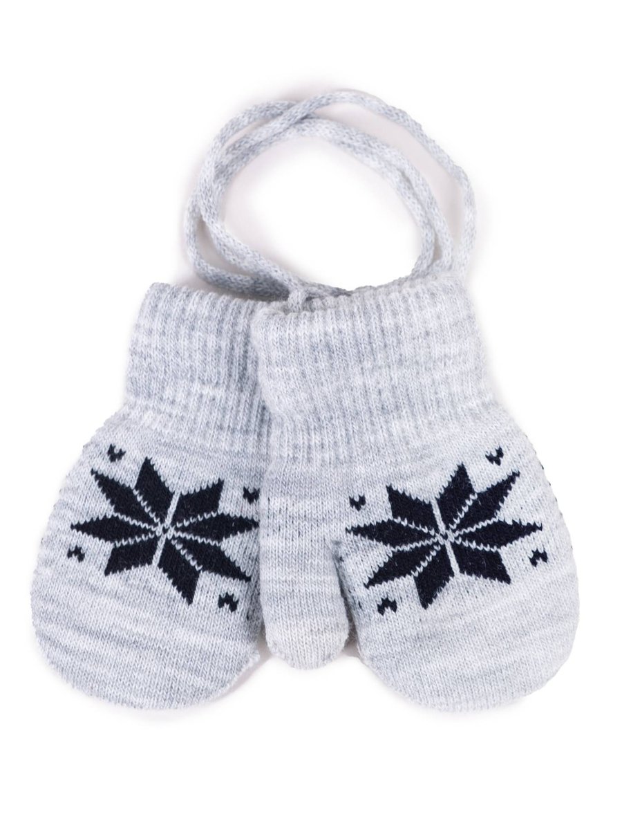 Rękawiczki chłopięce jednopalczaste ze sznurkiem wzór norweski szare dotykowe 14 cm