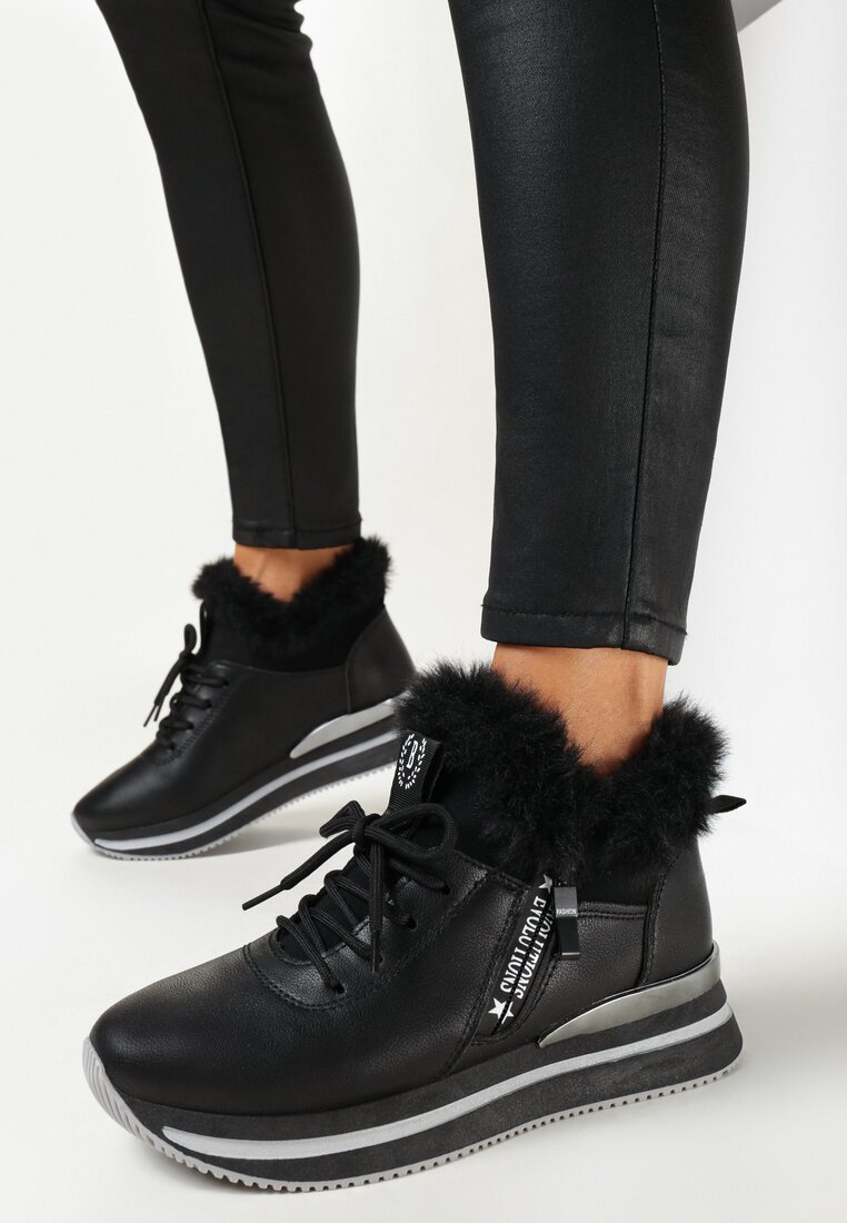 Czarne Botki Sneakersy na Grubej Podeszwie z Futerkiem Biqilee